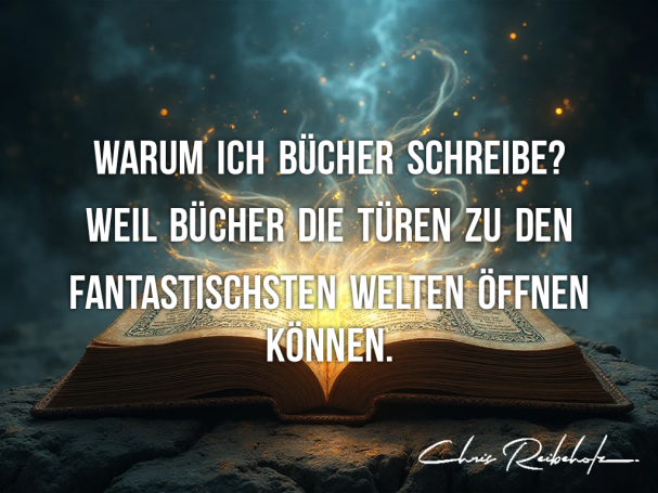 Offenes Buch mit dem Zitat über die Macht von Büchern und Fantasiewelten.