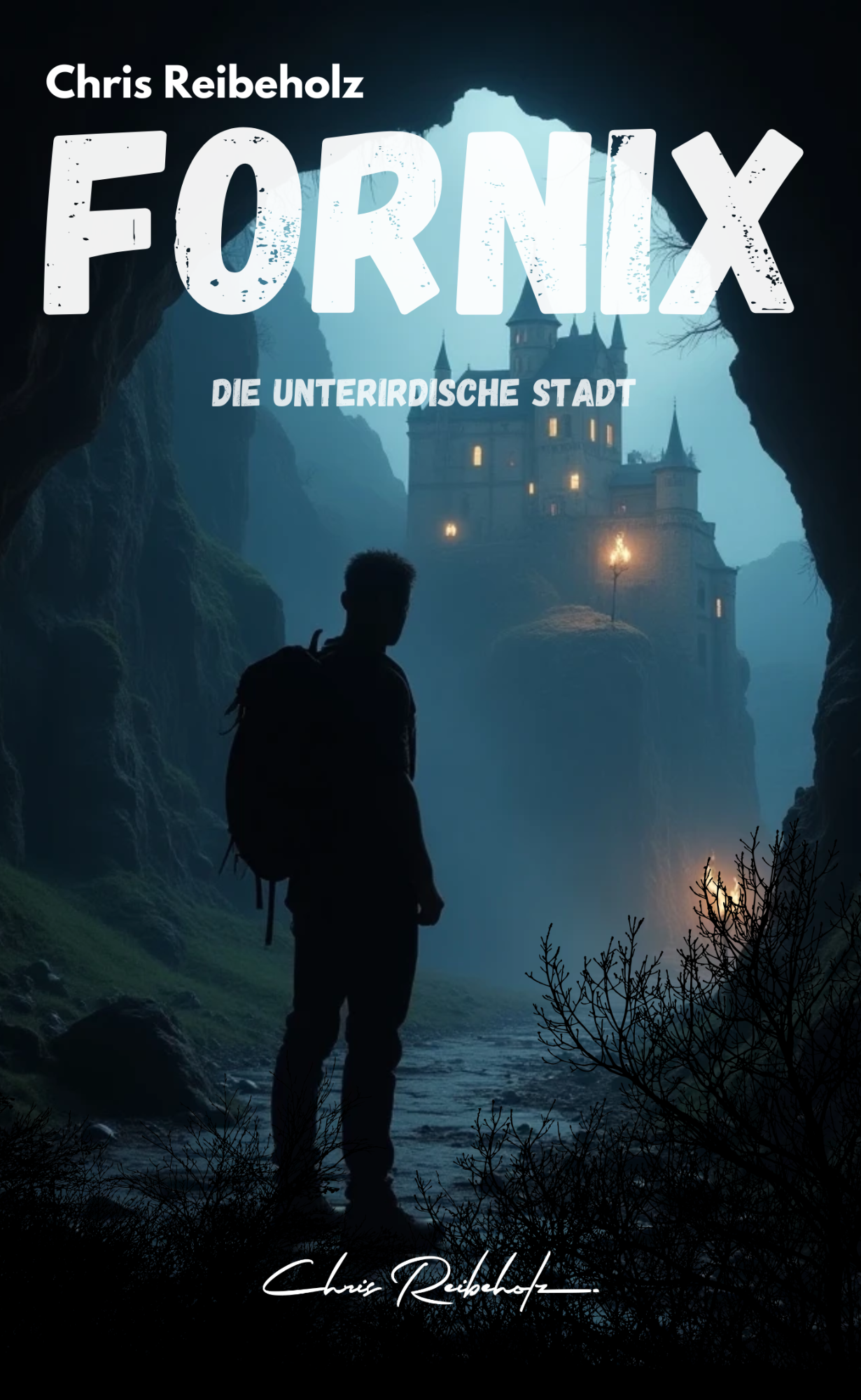 Ein junger Mann blickt in eine Höhle und sieht eine Burg auf einem Berg thronen.