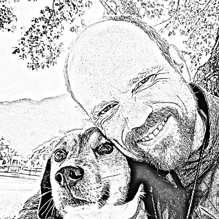 Best buddies Bleistiftzeichnung von Chris, der seinen Hund Sammy im Arm hat, während beide in die Kamera schauen. Graue, monochrome Darstellung.