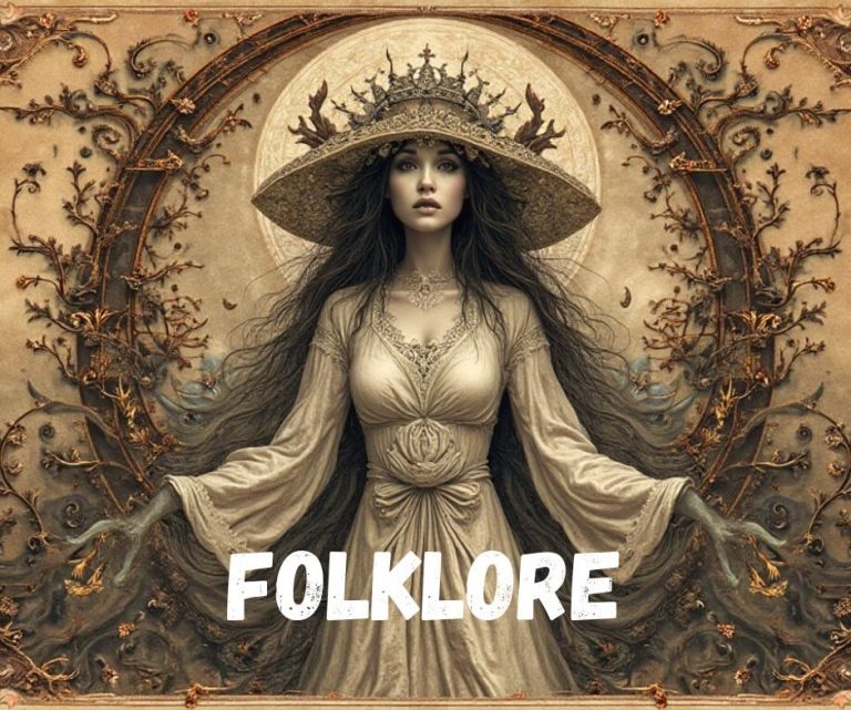 Eine Druidin steht vor einem natürlich wirkenden Ornament.