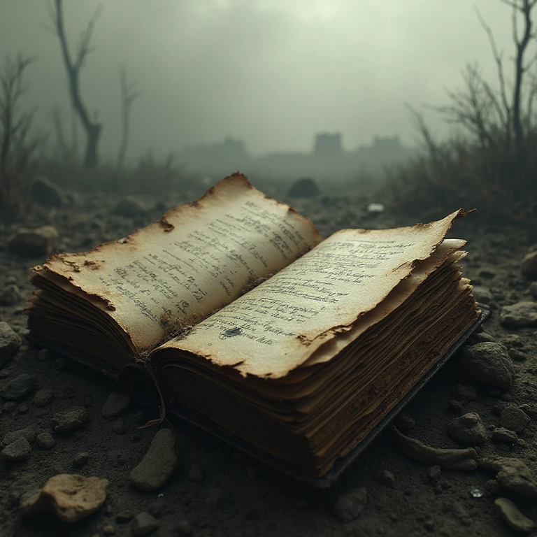 Tagebuch eines Apokalypsereisenden Ein altes, verwittertes Buch liegt auf einem Geröllfeld