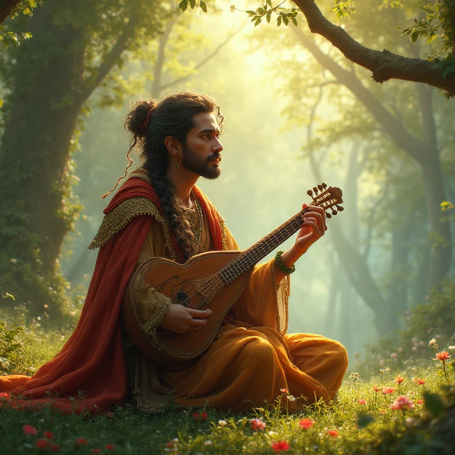 Fronixer Liebeslied ein Barde sitzt auf einer Blumenwiese und spielt auf seiner Laute.