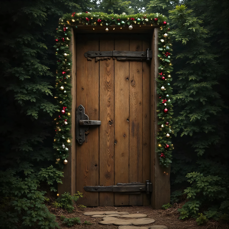 Der Zauber der Weihnacht Eine Holztür führt durch eine immergrüne Hecke und ist mit Weihnachtskugeln geschmückt.